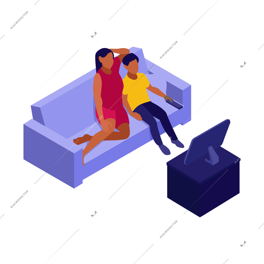 Isometric online cinema composition with mother sitting on sofa with boy child watching movie vector illustration