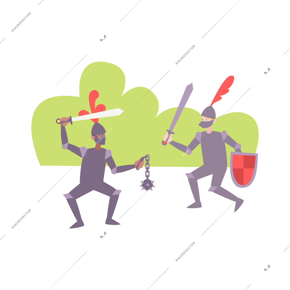 Kids hobby flat composition with pair of kids in medieval warrior costumes with swords vector illustration