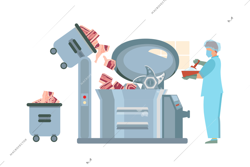 Meat processing plant flat composition with factory kitchen equipment with worker in uniform making meat products vector illustration