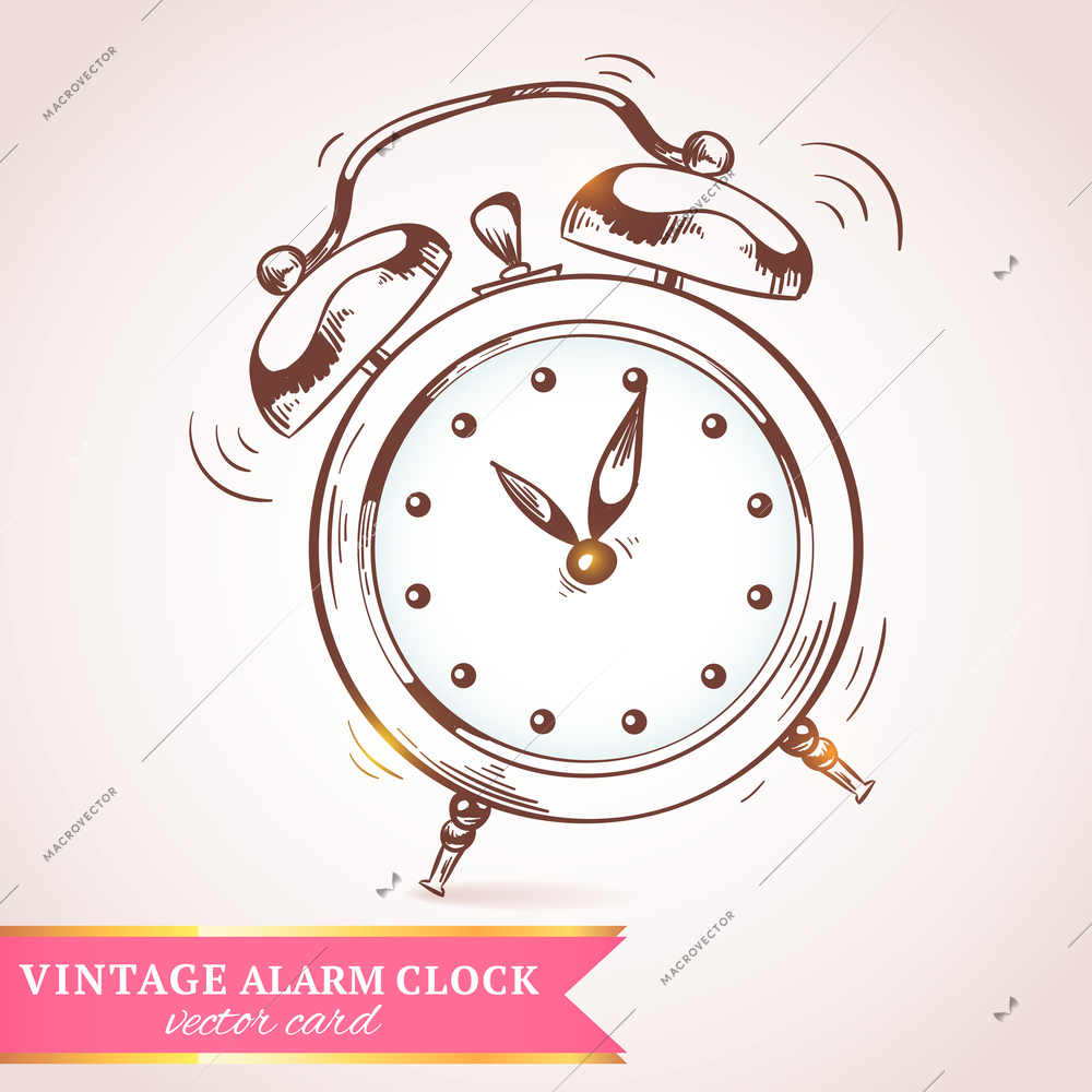 Old vintage retro sketch ringing alarm clock paper postcard vector illustration