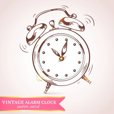 Old vintage retro sketch ringing alarm clock paper postcard vector illustration