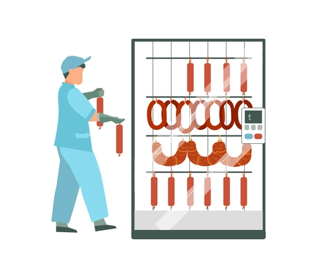 Meat processing plant flat composition with factory kitchen equipment with workers in uniform hanging meat products vector illustration