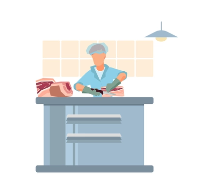 Meat processing plant flat composition with factory kitchen equipment with worker in uniform carving meat vector illustration