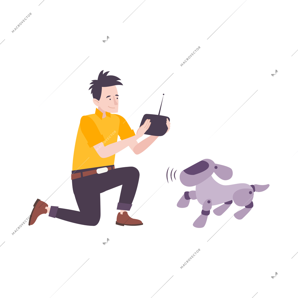 Kids hobby flat composition with character of teenage boy with remote and dog robot vector illustration