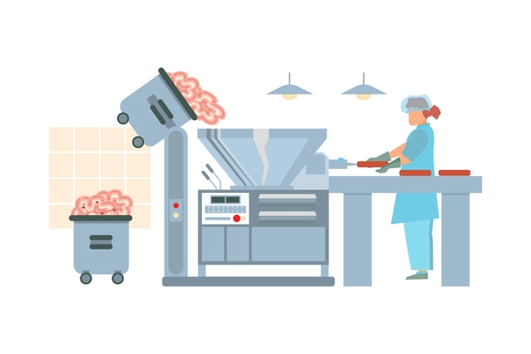 Meat processing plant flat composition with factory kitchen equipment with workers in uniform making meat products vector illustration