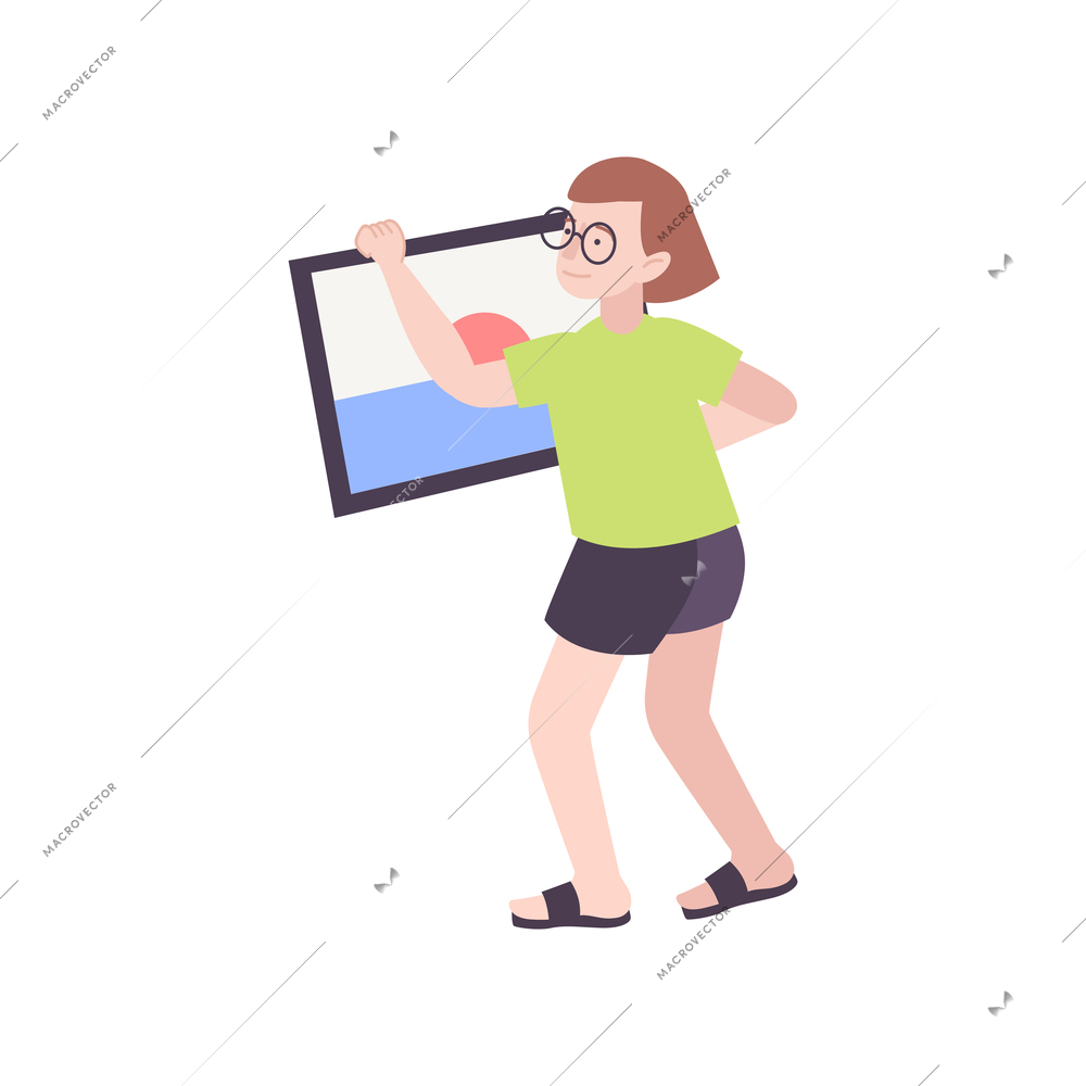 Kids hobby flat composition with character of teenager holding frame with picture vector illustration