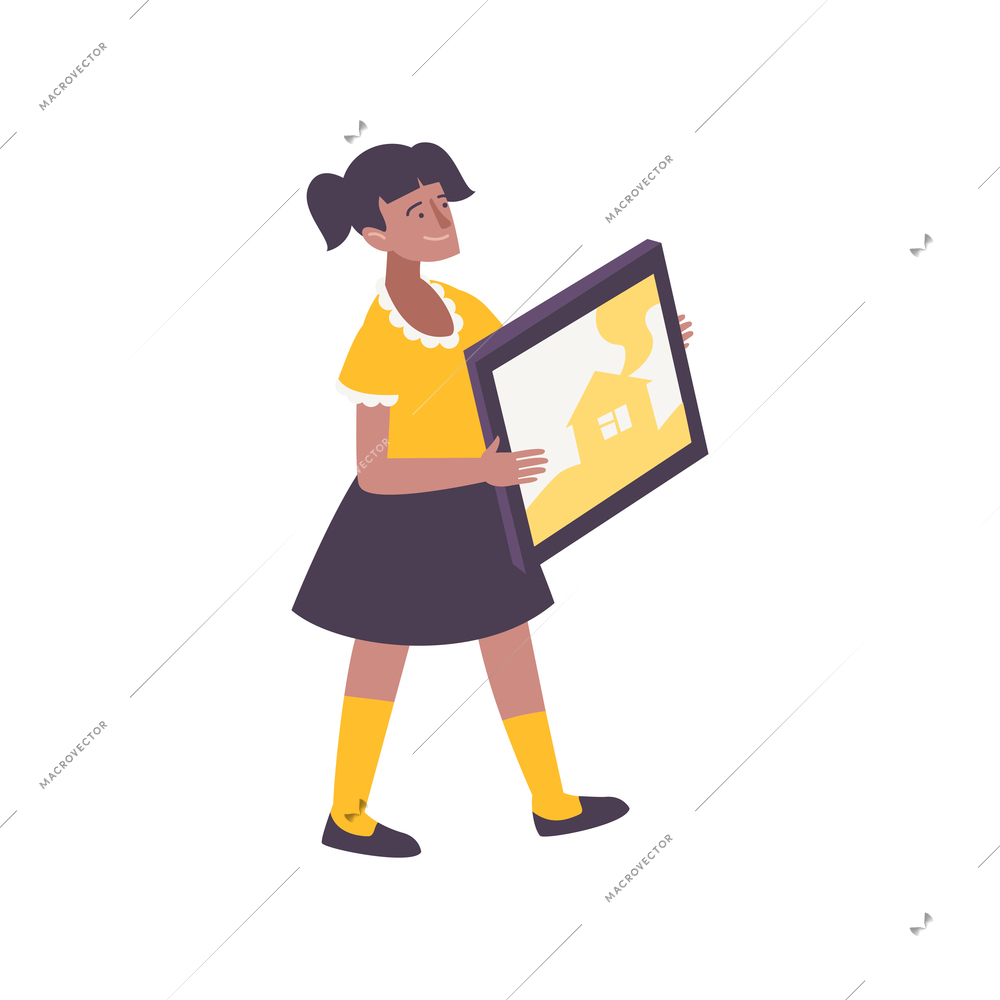 Kids hobby flat composition with character of black teenage girl with painting vector illustration