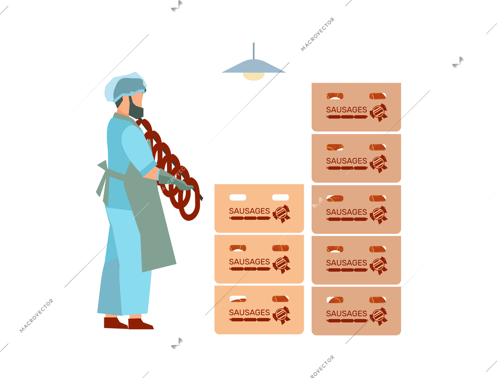 Meat processing plant flat composition with factory kitchen equipment with workers in uniform packing meat products vector illustration