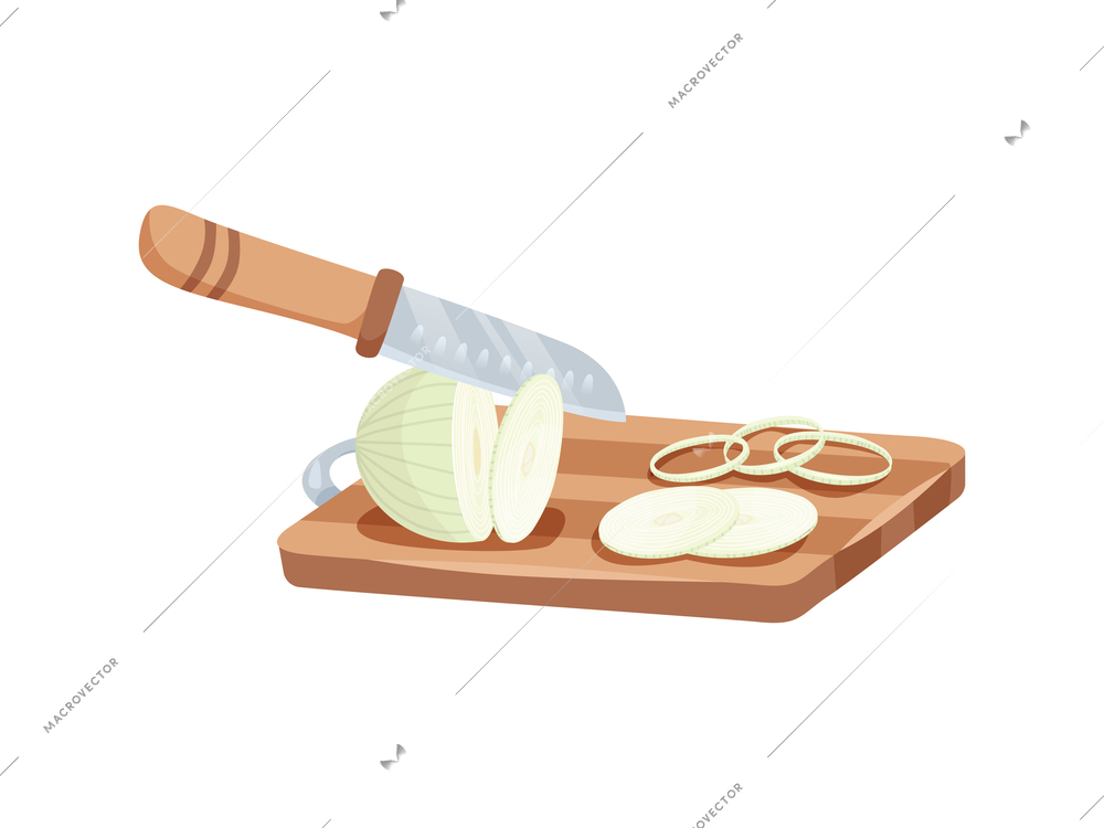 Sliced vegetables composition with view of sliced onion on wooden carving board with knife vector illustration