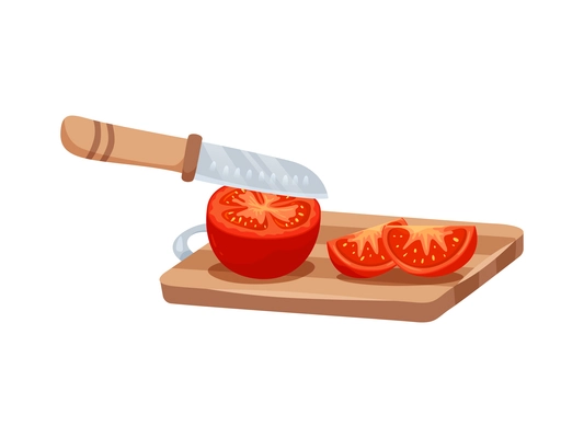 Sliced vegetables composition with view of sliced tomato on wooden carving board with knife vector illustration