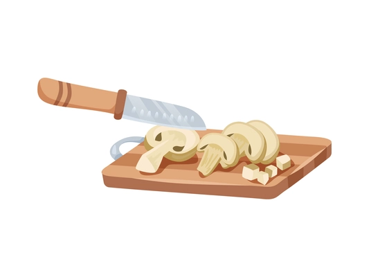 Sliced vegetables composition with view of sliced mushroom on wooden carving board with knife vector illustration
