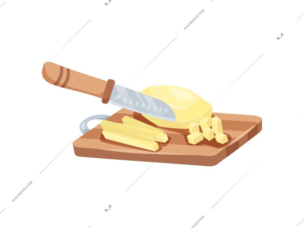 Sliced vegetables composition with view of sliced potato on wooden carving board with knife vector illustration