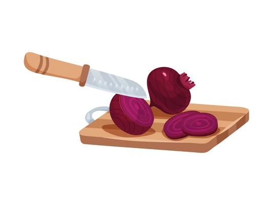 Sliced vegetables composition with view of sliced beet root on wooden carving board with knife vector illustration