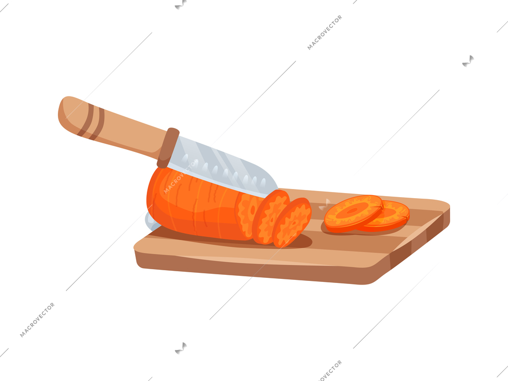 Sliced vegetables composition with view of sliced carrot on wooden carving board with knife vector illustration