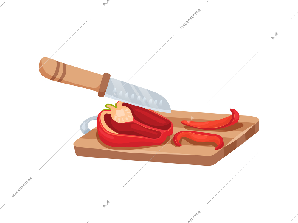 Sliced vegetables composition with view of sliced pepper on wooden carving board with knife vector illustration