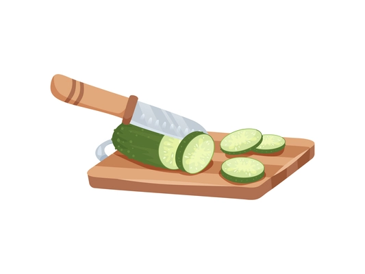 Sliced vegetables composition with view of sliced cucumber on wooden carving board with knife vector illustration