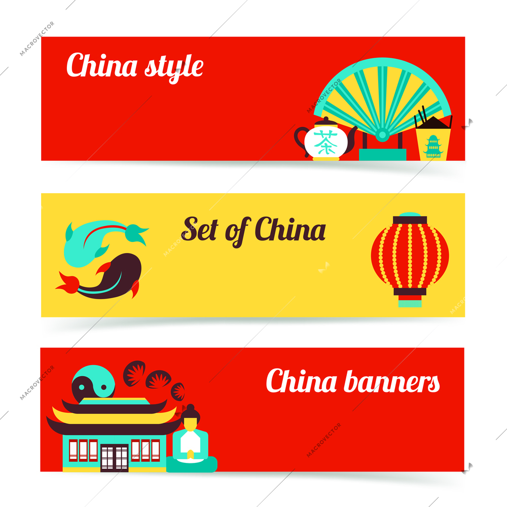 China style travel horizontal banners set isolated vector illustration