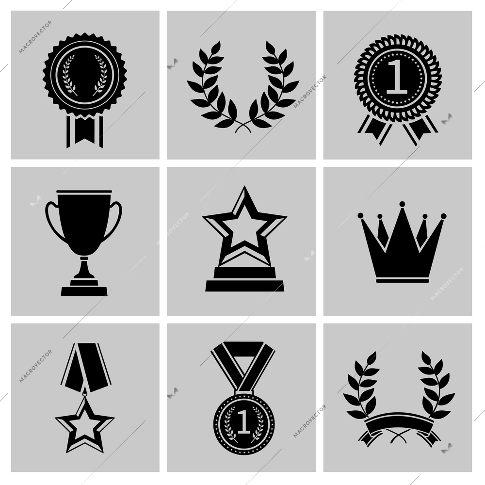 Award icons black set of crown star laurel wreath isolated vector illustration