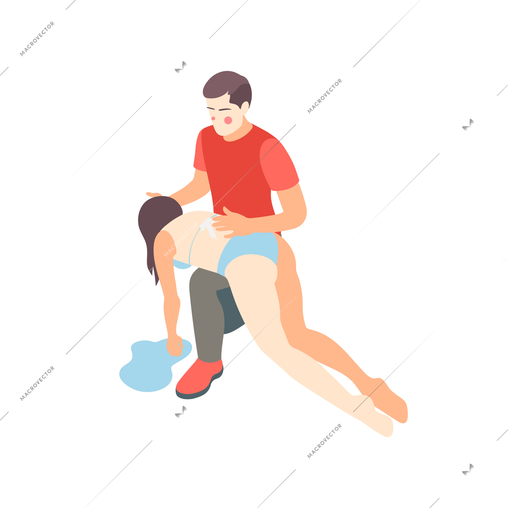 First aid steps isometric composition with man holding choking woman swallowed the wrong way vector illustration