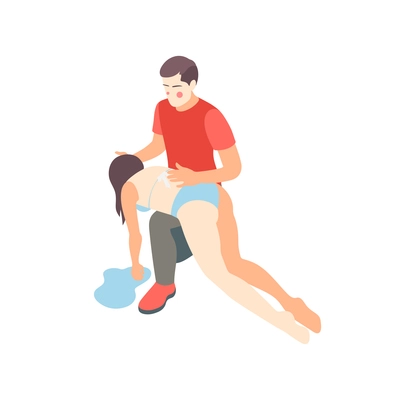 First aid steps isometric composition with man holding choking woman swallowed the wrong way vector illustration