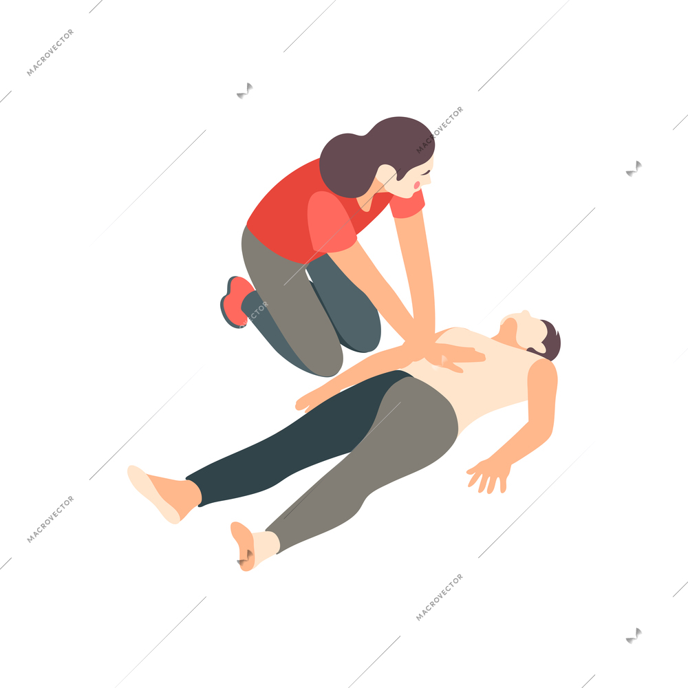 First aid steps isometric composition with view of resuscitation with closed chest cardiac massage vector illustration