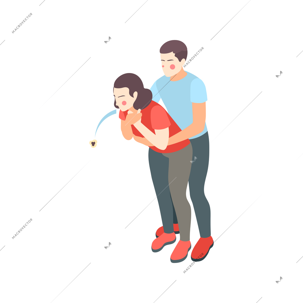 First aid steps isometric composition with man helping woman to vomit piece of food choken over vector illustration