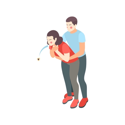 First aid steps isometric composition with man helping woman to vomit piece of food choken over vector illustration