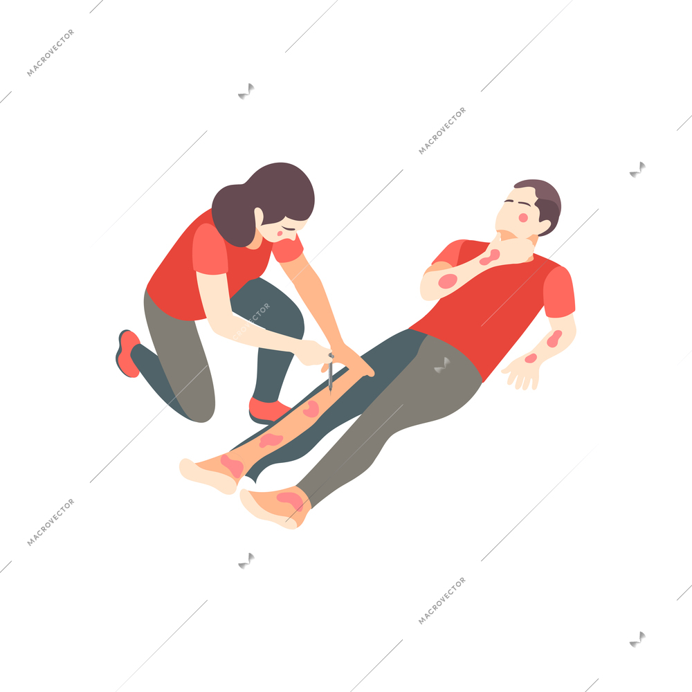 First aid steps isometric composition with woman injecting pain killers in male body with burns vector illustration