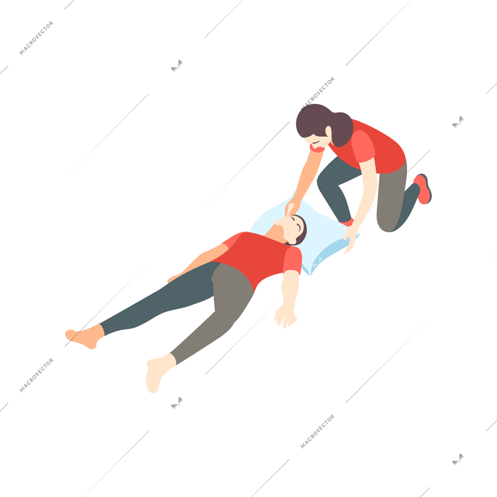 First aid steps isometric composition with woman helping injured man lying on pillow vector illustration