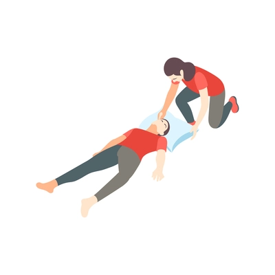 First aid steps isometric composition with woman helping injured man lying on pillow vector illustration