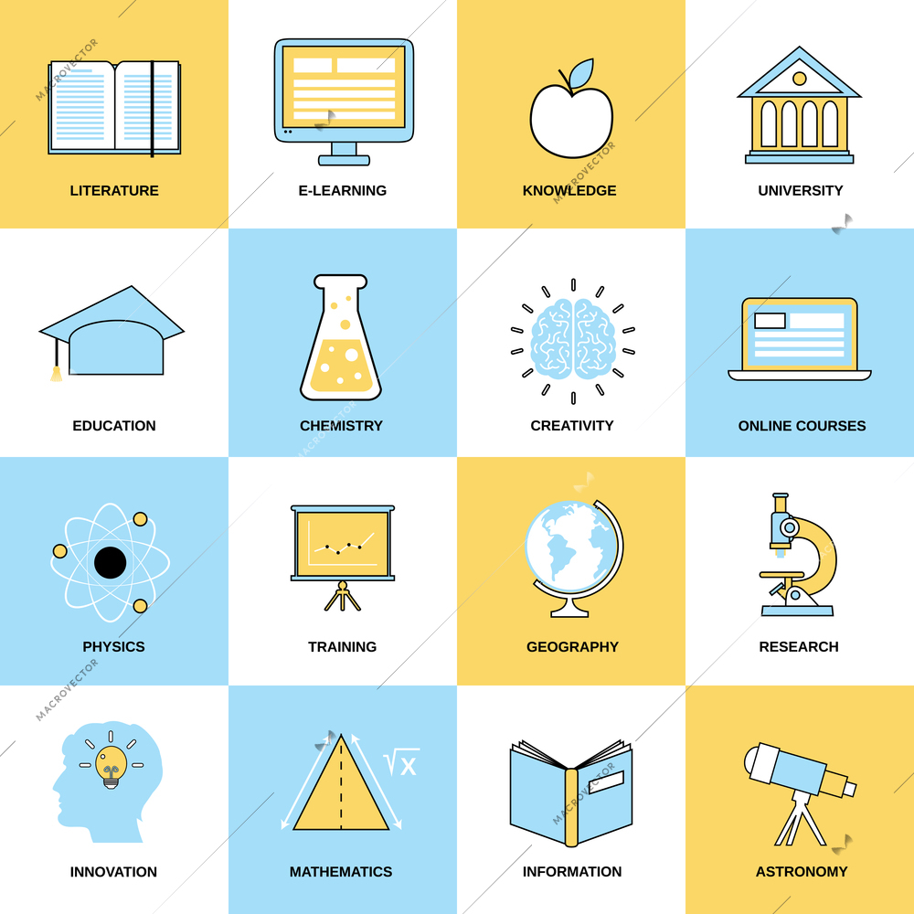 Education flat line icons set with literature e-learning knowledge isolated vector illustration