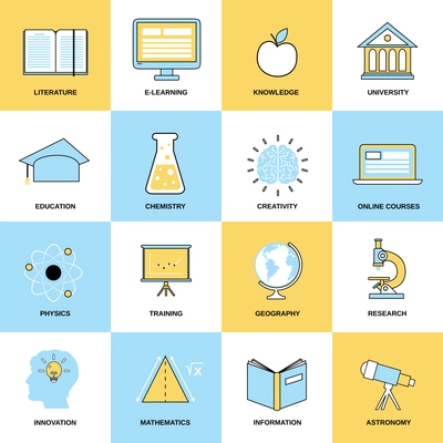 Education flat line icons set with literature e-learning knowledge isolated vector illustration