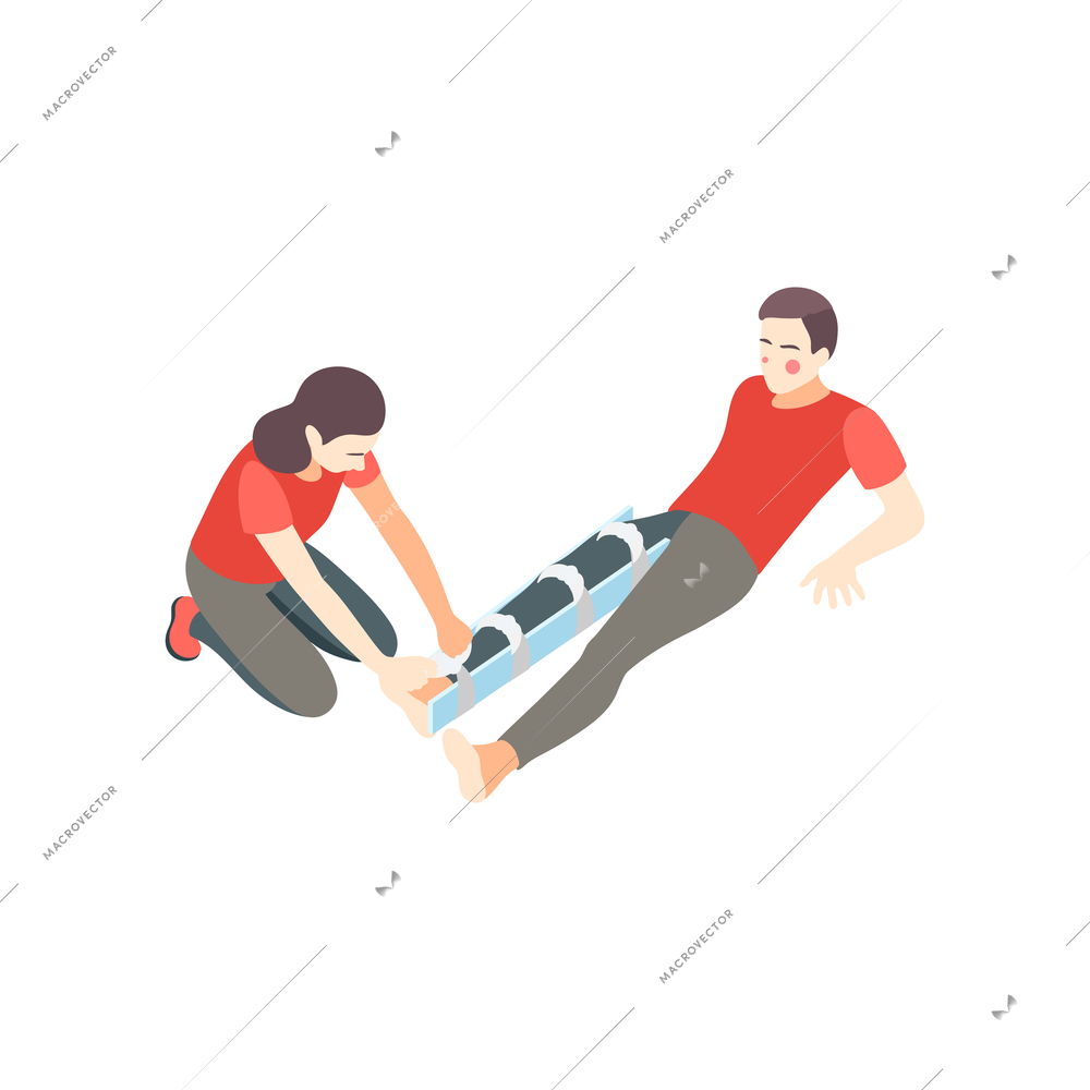 First aid steps isometric composition with woman splinting injured leg of lying man vector illustration