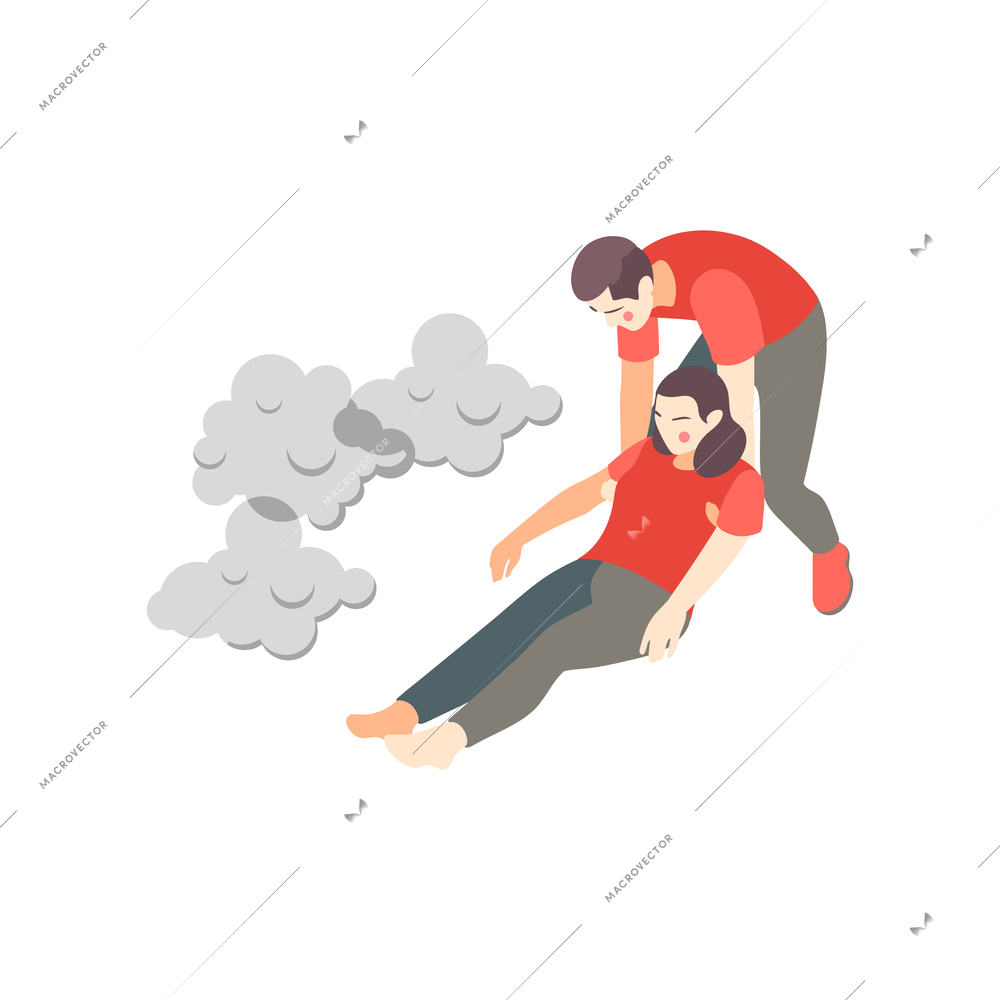 First aid steps isometric composition with man carrying woman poisoned with carbon monoxide vector illustration