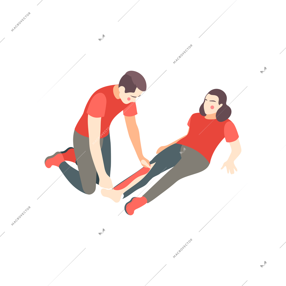 First aid steps isometric composition with man splinting leg of lying injured woman vector illustration