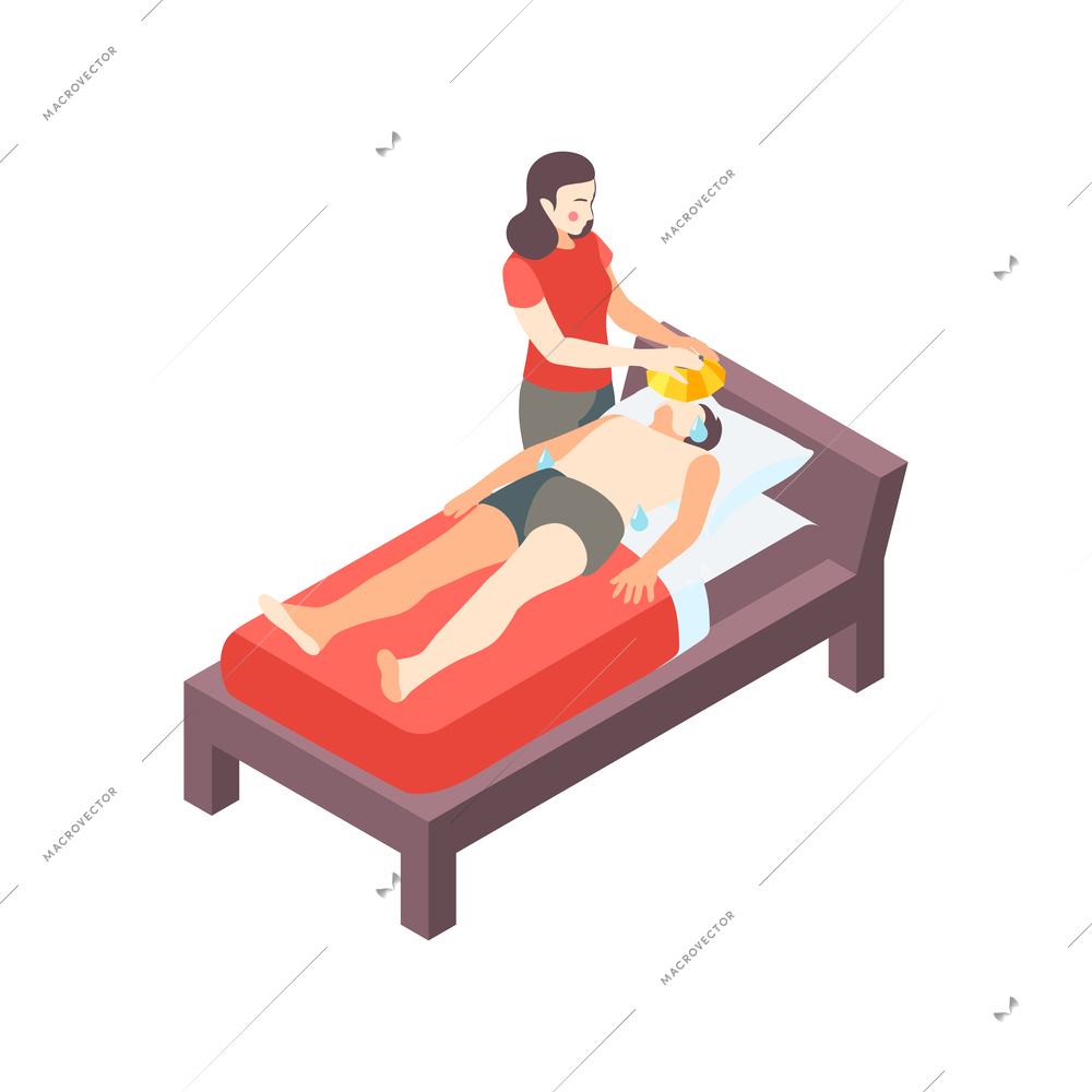 First aid steps isometric composition with woman placing cold compress on male forehead vector illustration