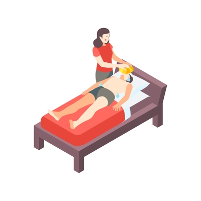 First aid steps isometric composition with woman placing cold compress on male forehead vector illustration