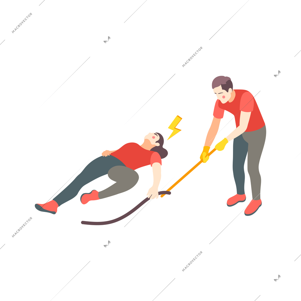 First aid steps isometric composition with man with stick providing first aid treatment to lying woman vector illustration