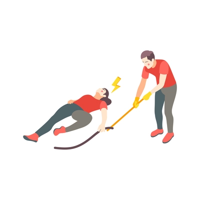 First aid steps isometric composition with man with stick providing first aid treatment to lying woman vector illustration