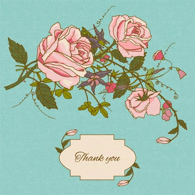 Vintage thank you nostalgic note card gratitude message with cottage garden roses flowers sketch color vector illustration