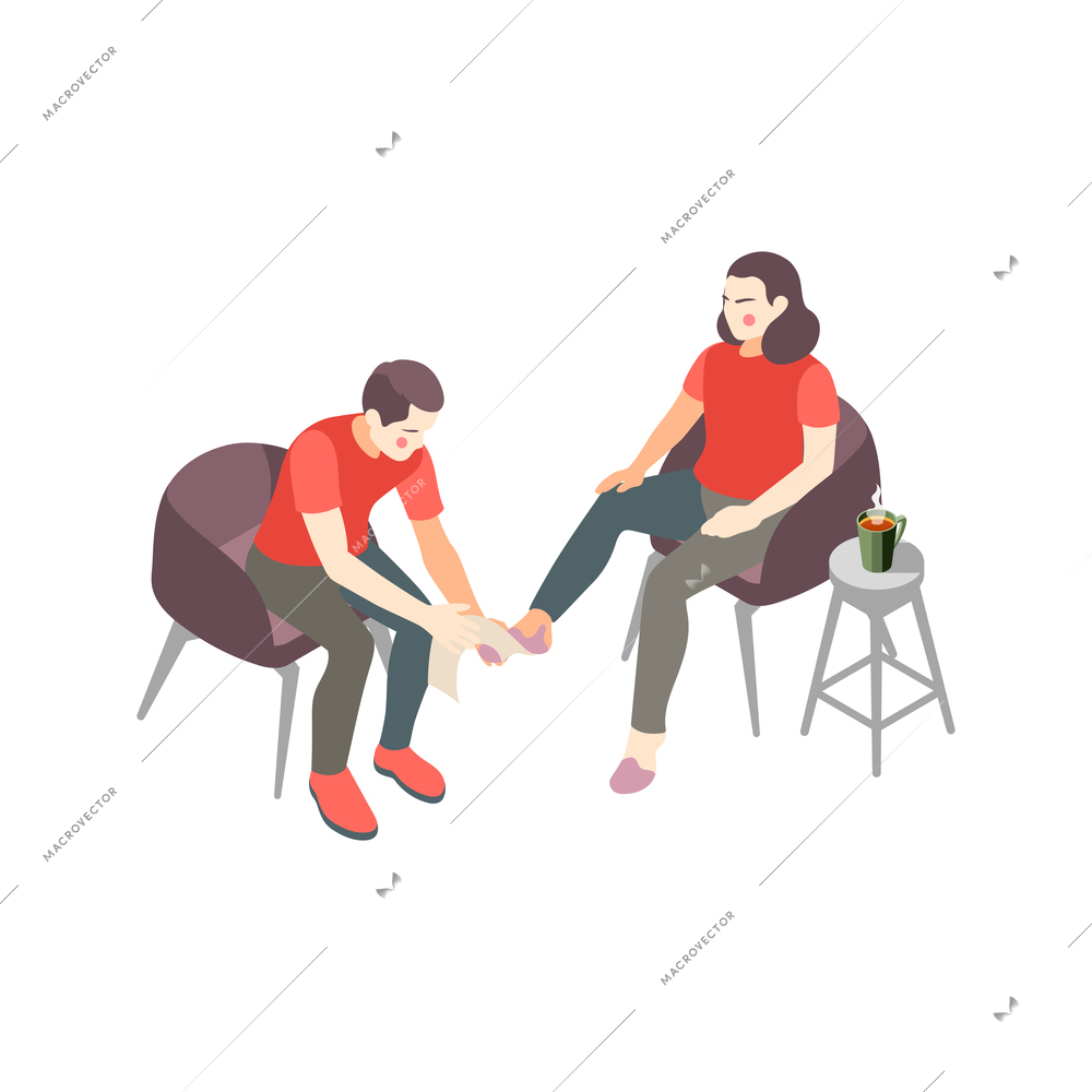 First aid steps isometric composition with man doing leg massage to injured woman vector illustration