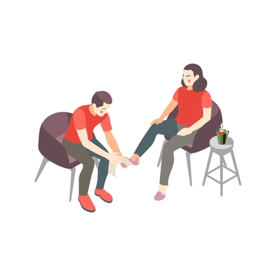 First aid steps isometric composition with man doing leg massage to injured woman vector illustration