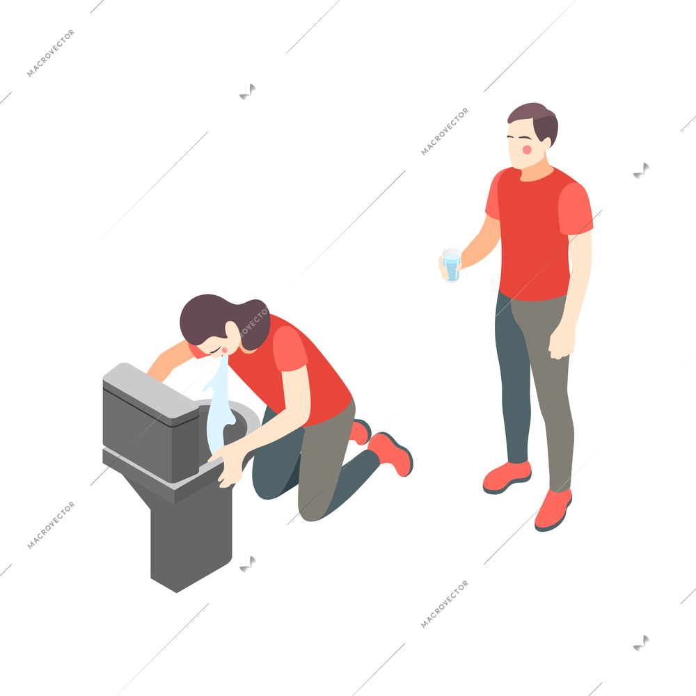 First aid steps isometric composition with woman vomiting in toilet bowl with man holding glass of water vector illustration