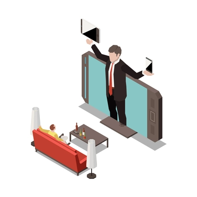 Online presentation remote work composition with man on sofa and screen with presenter offering brand new gadgets vector illustration