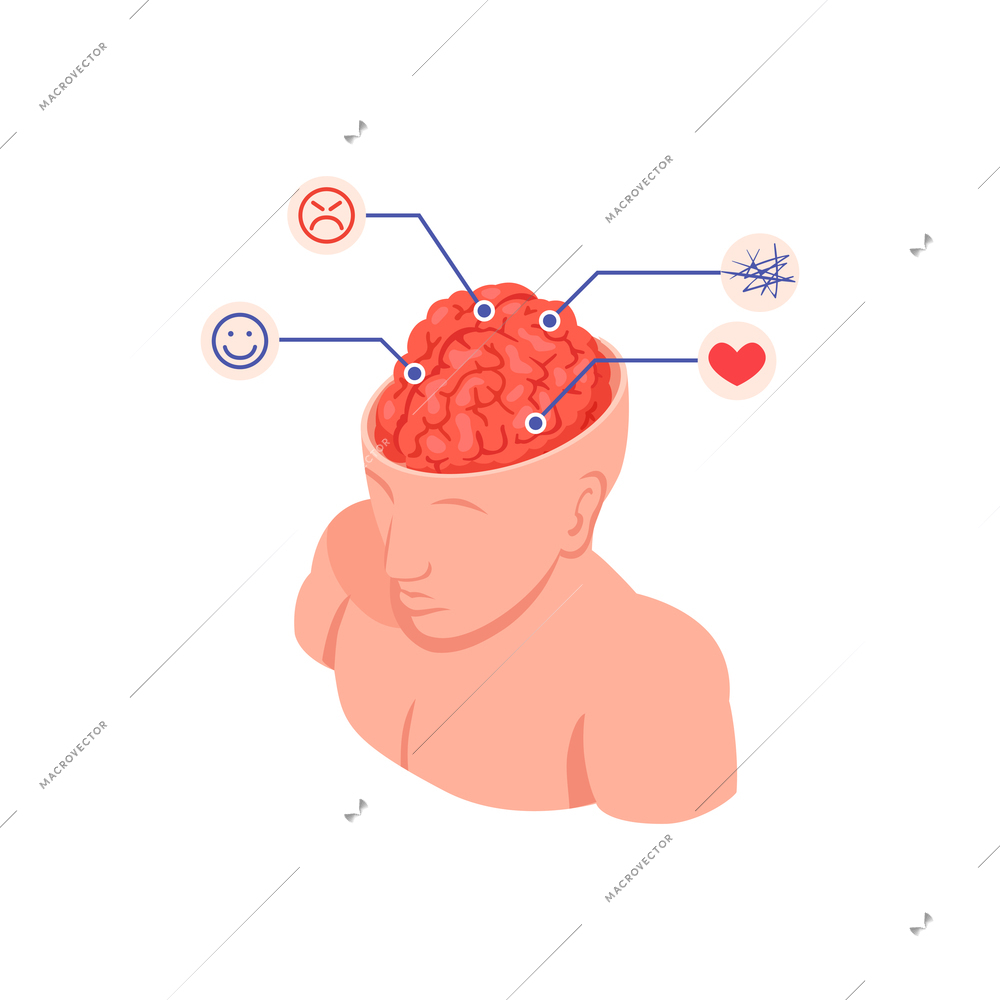 Psychologist psychiatrist isometric composition with human body and open head with brain zone captions vector illustration