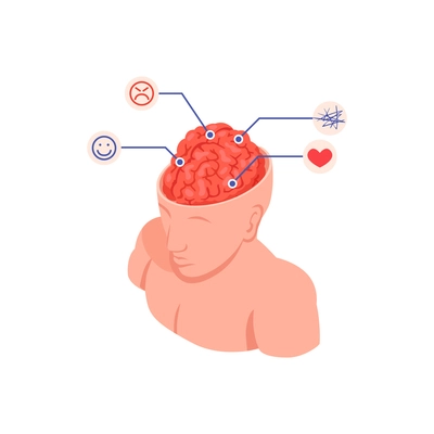 Psychologist psychiatrist isometric composition with human body and open head with brain zone captions vector illustration