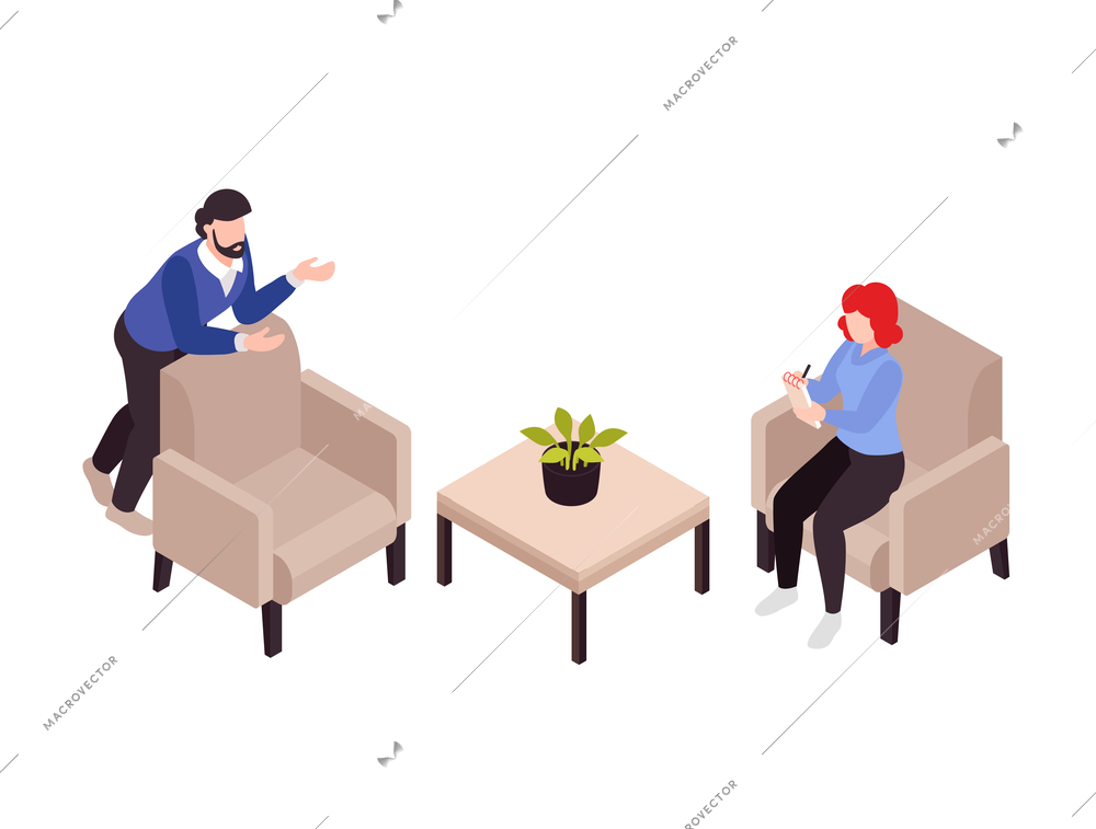 Psychologist psychiatrist isometric composition with stress behavior mental problems treatment session vector illustration