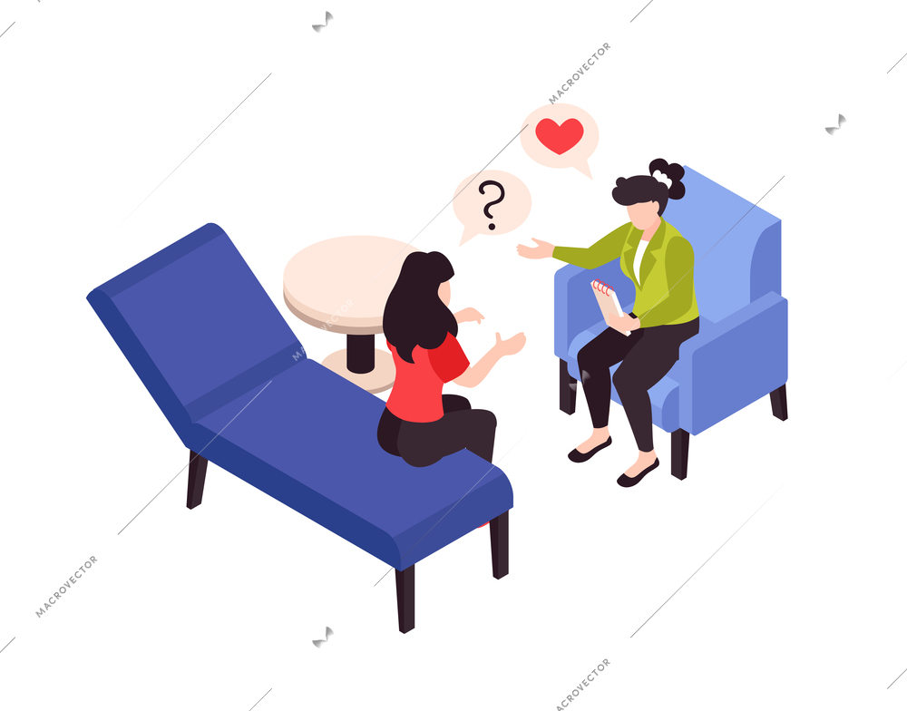 Psychologist psychiatrist isometric composition with stress behavior love problems treatment session vector illustration