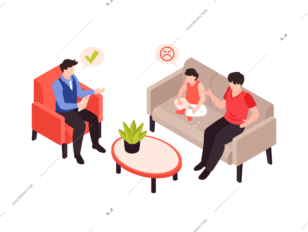 Psychologist psychiatrist isometric composition with stress behavior mental problems treatment session for parent and child vector illustration