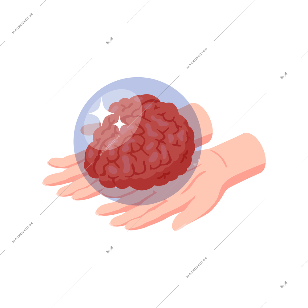 Psychologist psychiatrist isometric composition with human hands holding brain inside transparent bubble vector illustration